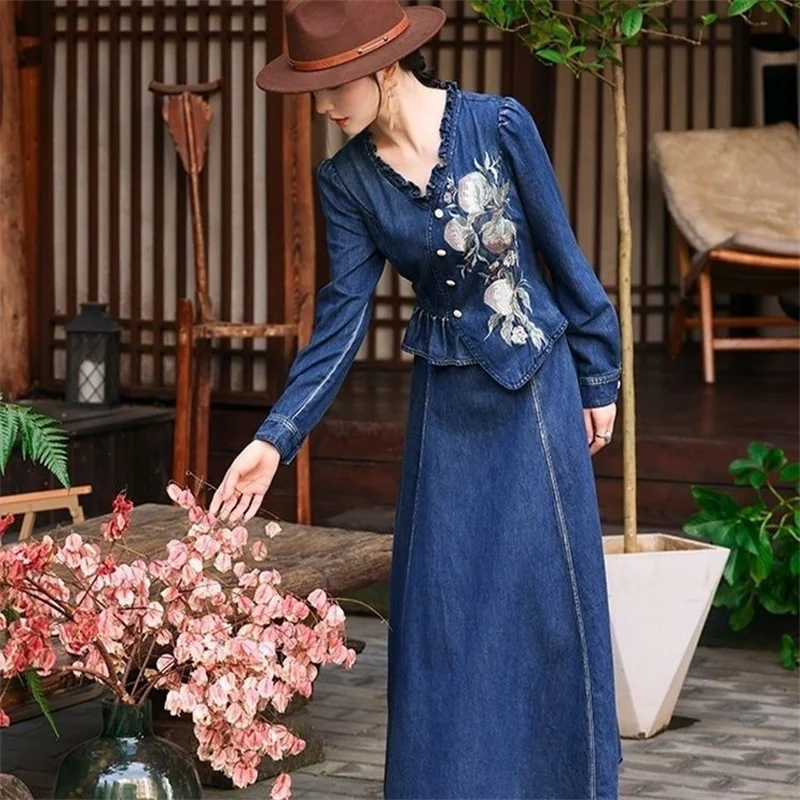 2023 Summer Female New Qipao Improved Edition Standing Neck Denim Dress Women High end Exquisite High end Sleeveless Long Dress