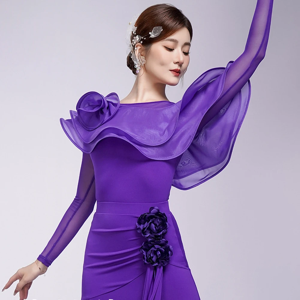 

Jumpsuit New Latin Dance High-End Line Dance Women's Top Long-Sleeved Red Clothing Women's 2025 Performance Dark Blue Top