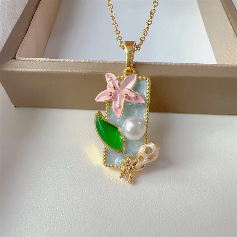 Classic Personality Stainless Steel Charm Garden Necklace Fashionable Temperament Pearl Drip Oil Party Girl Gift