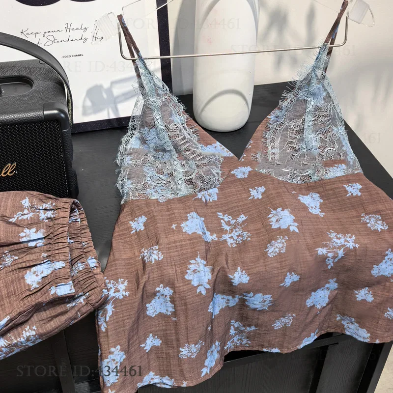 

Sexy Women's Lingerie Sets Pajamas Summer New Print Flower Sleepwear Strap Top&shorts Patchwork Lace Pijamas Suit Homewear