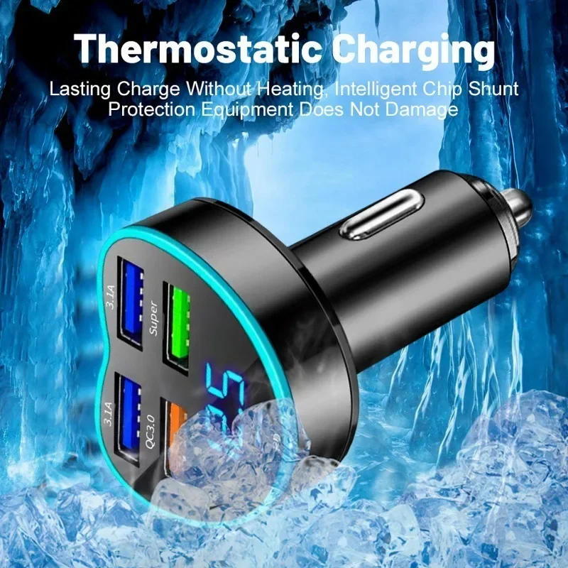 5In1 Heart Shape Digital Display Car Charger PD+4USB Super Fast Charging Phone Adapter Socket Cigarette Lighter Auto Accessories