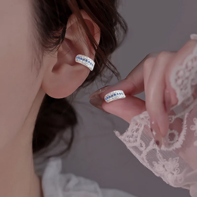 Dainty Curved Bar Blue Rhinestone Ear Cuff Non Pierced Sparkly Crystal Ear Wrap Trendy Elegant Accessory For Ladies