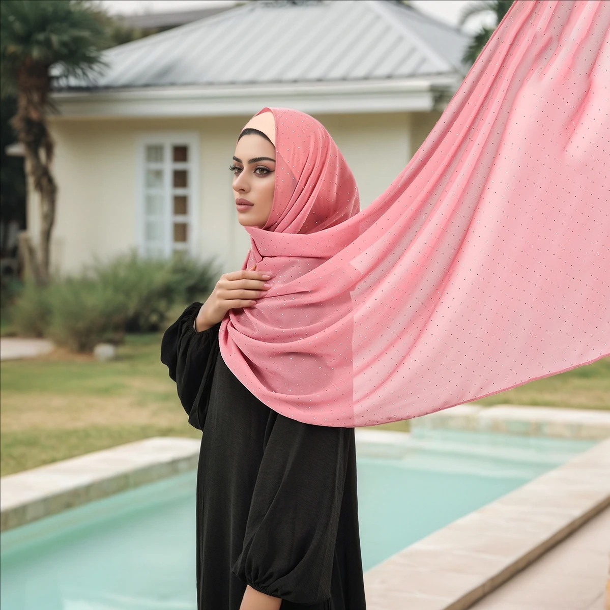 

Women Shimmer Diamond Hijab Muslim Shiny Rhinestone Chiffon Long Shawls Islam Solid Color Soft Bubble Chiffon Head Wraps
