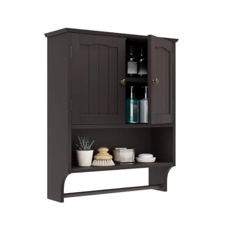 

Brown Wall Cabinet with Towel Bar for Laundry Room Kitchen Over Toilet Cabinet with Adjustable Shelves