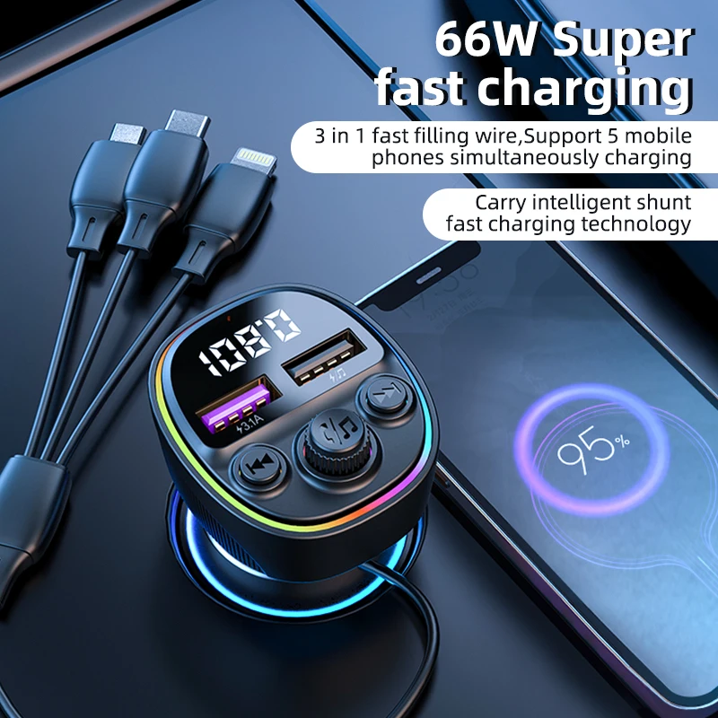 

New Car Bluetooth MP3 Player 66W Super Fast Charging Car Charger with Three in One Charging Cable Car Charger