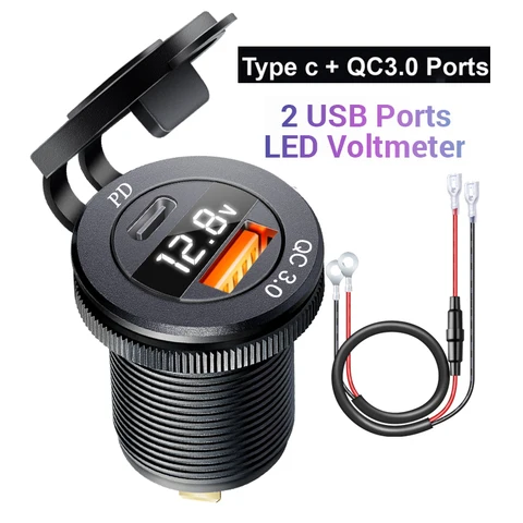 Автомобильный USB-адаптер Type-C 12В с вольтметром, зарядное устройство USB-C для автомобиля, двойная USB-розетка 12В/24В с поддержкой PD3.0 и QC3.0.