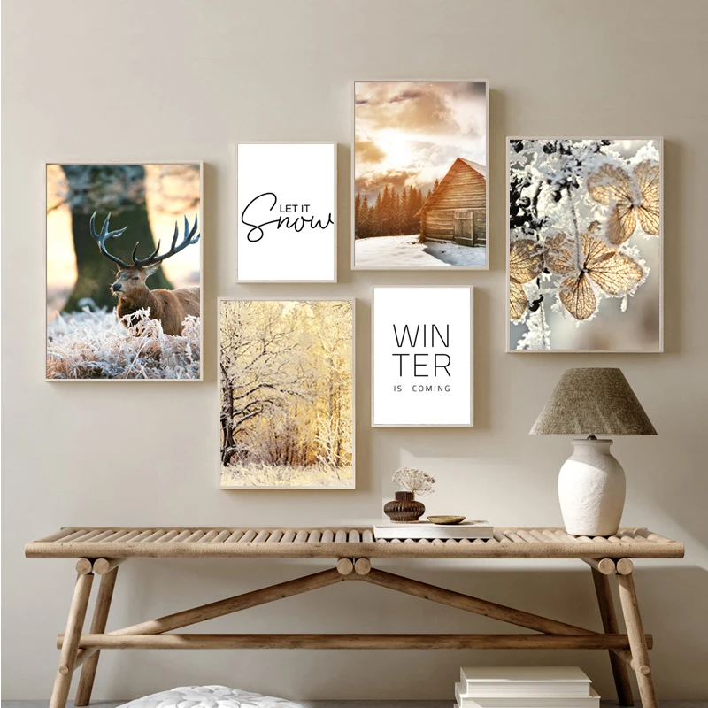 Deer Winter Snow Frost Forest Log Cabin Beige Poster Canvas Art Decorative Prints Wall Painting Landscape Living Room Pictures