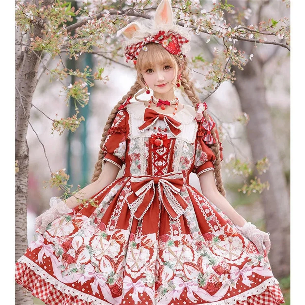 

Pastoral Style Kawaii Lolita Cosplay Lolita Op Sweet Girl Print Strawberry Flower Bow Lace Plaid Ruffled Puff Sleeve Dress