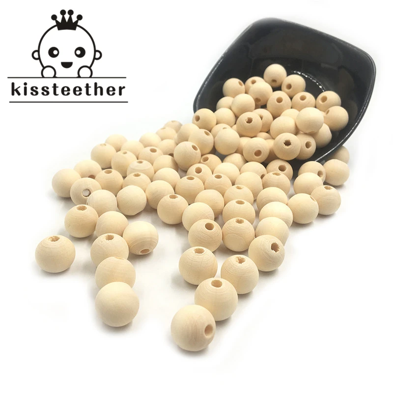 

Kissteether 12-20mm Round Ball Natural Wooden Beads - Unfinished 200 Pieces Baby Teether For DIY Teething Necklace