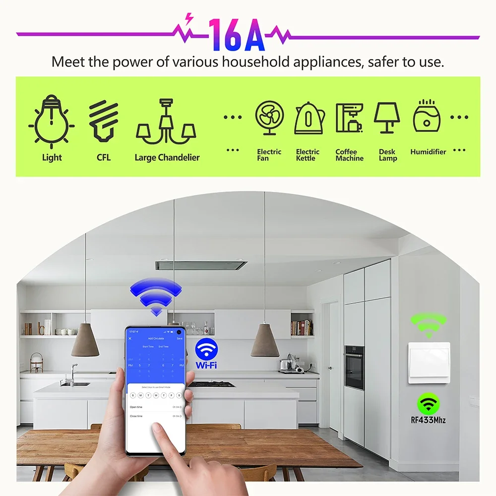 Tuya Smart life WiFi and 433MHz Light Switch,Wall Panel Switch No Need Battery,110V 220V 16A Mini Module, for Alexa Google Home