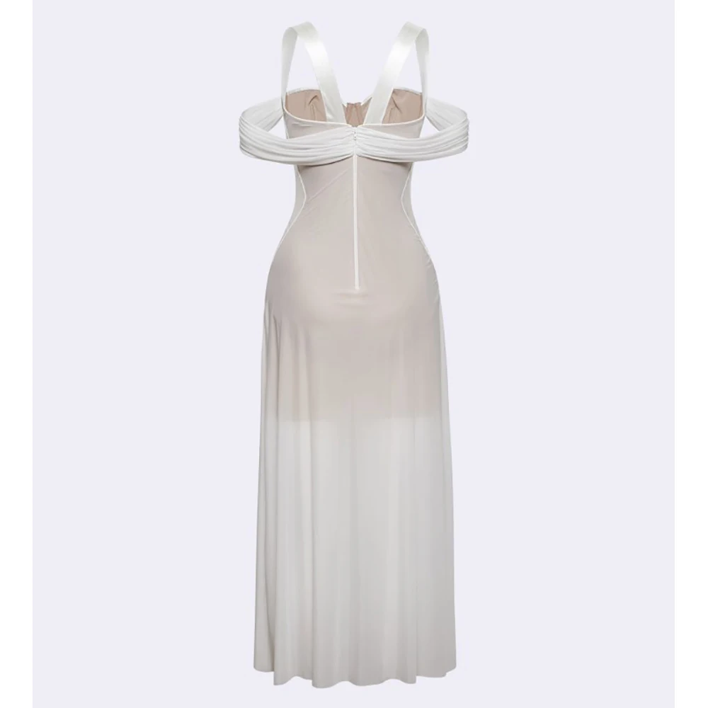 Sexy dames hoge kwaliteit retro one-line schouder met blote schouders lichte luxe satijnen lange jurk elegante avondfeestjurk