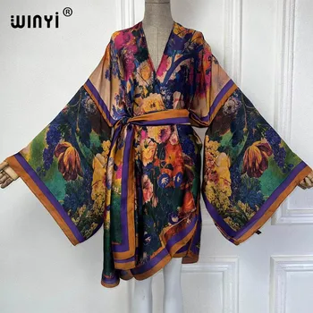 2024 WINYI African Bohemia Kimono with belt Summer beach wear women Cardigan Holiday long Sleeve bikinis cover up party dress