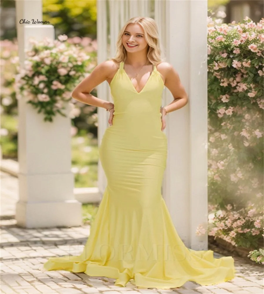 Charming Yellow Prom Dresses Sexy Backless Boho V Neck Holiday Mermaid Evening Dress With Train Elegant Formal Dance Customized