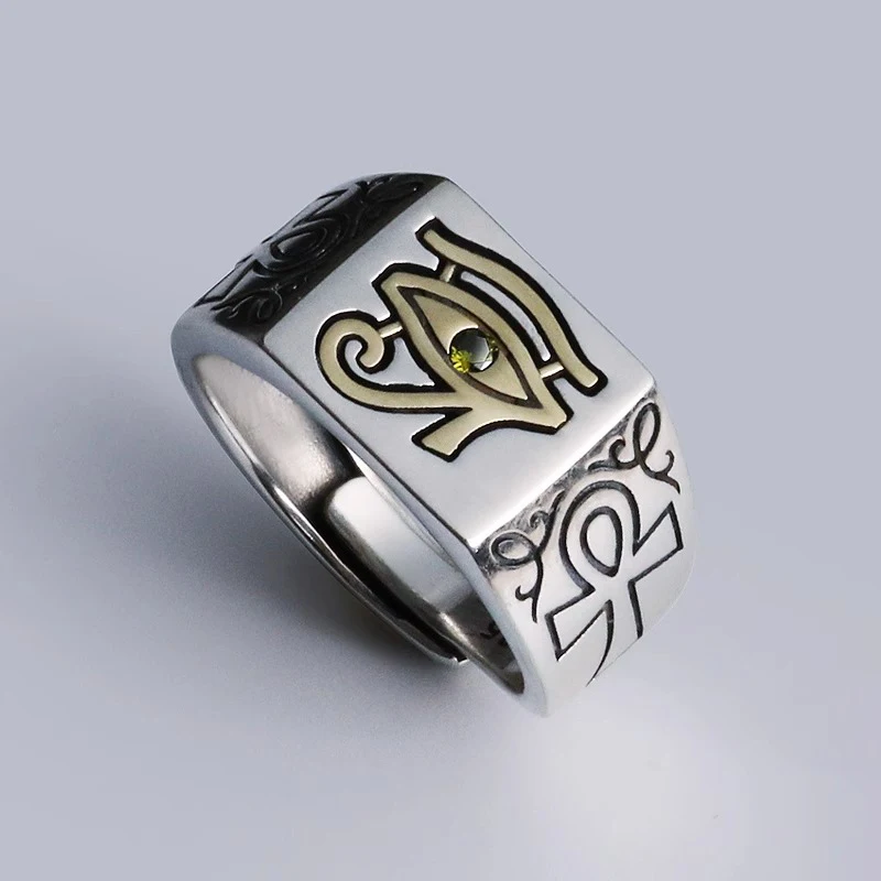 HX Silver Color Men's Ring European and American Retro Eye of Horus Egyptian Pharaoh Ring INS Female Trend Jewelry