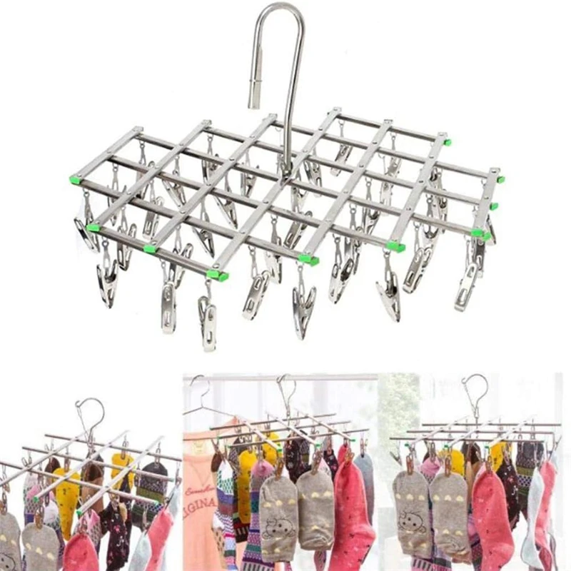 Foldable Laundry Hanger Stainless Steel Underwear Sock Drying Rack Windproof Flat Head Design Rust Resistant Strong Grip Clip