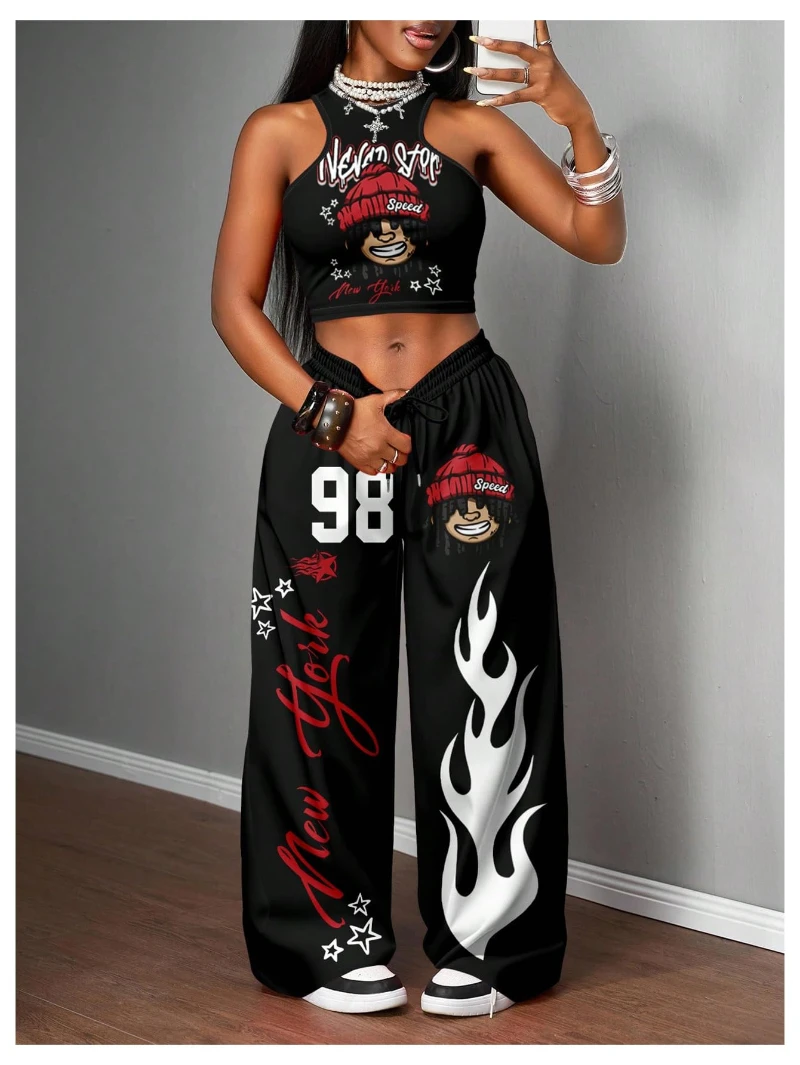 Women's Y2k 2 Piece Outfits Graphic Crop Tank Low Rise Wide Leg Baggy Pants Set Hip Hop Streetwear