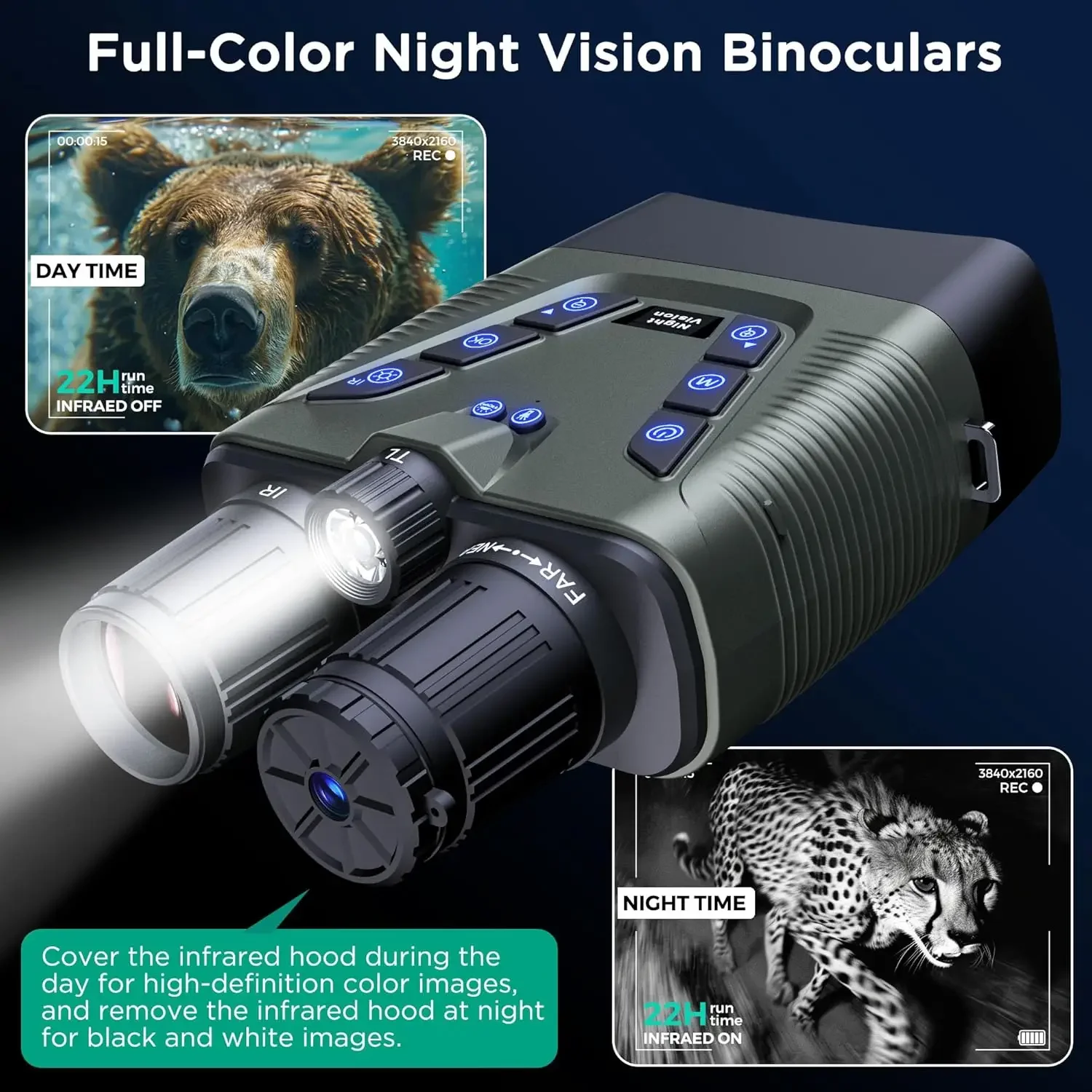 نظارات رؤية ليلية، مناظير رؤية ليلية بدقة 58 ميجابكسل كاملة الألوان بدقة 4K مع بطارية شحن سريعة 10000 مللي أمبير في الساعة، بطاقة 64 جيجابايت، شاشة 3.99 بوصة #6