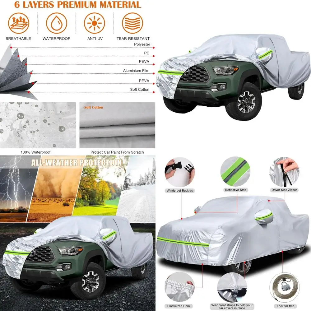 

Всепогодный чехол для автомобиля с двойной кабиной 5 футов с дверцей на молнии и ветрозащитными ремнями для Tacoma/Ranger 2005-2024, серебристый, 6 слоев защиты