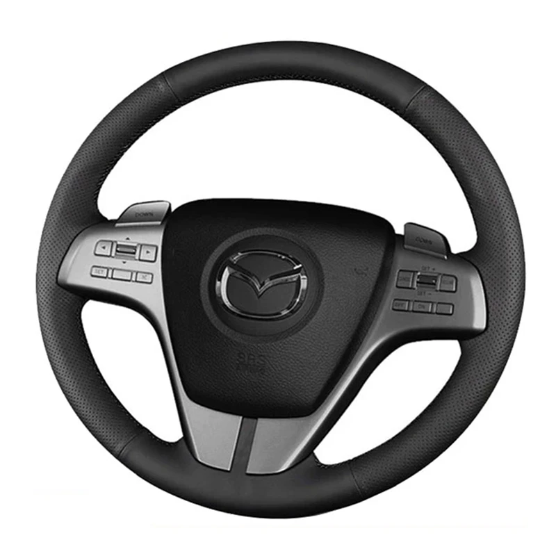 DIY Black Artificial Leather Hand-Sewn Car Steering Wheel Cover For Briving Suitable For Mazda 3 Mazda 6 2009 Car Accessories