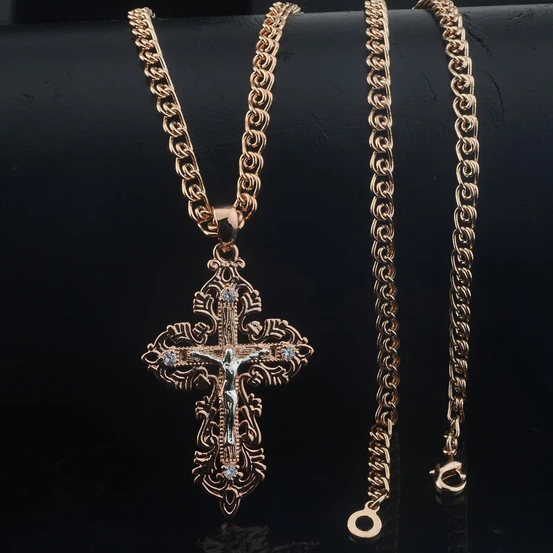 Fashion Jewelry Women Men 585 Rose Gold Color White Cross Pendant +Chain