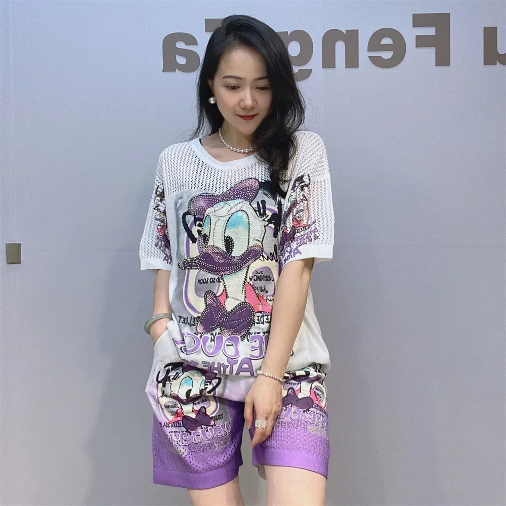 

Diamonds Cartoon Printed Short Sets Women Clothing Loose Tracksuit Casual Hollow Out Knitting Two Piece Sets Womens Outifits