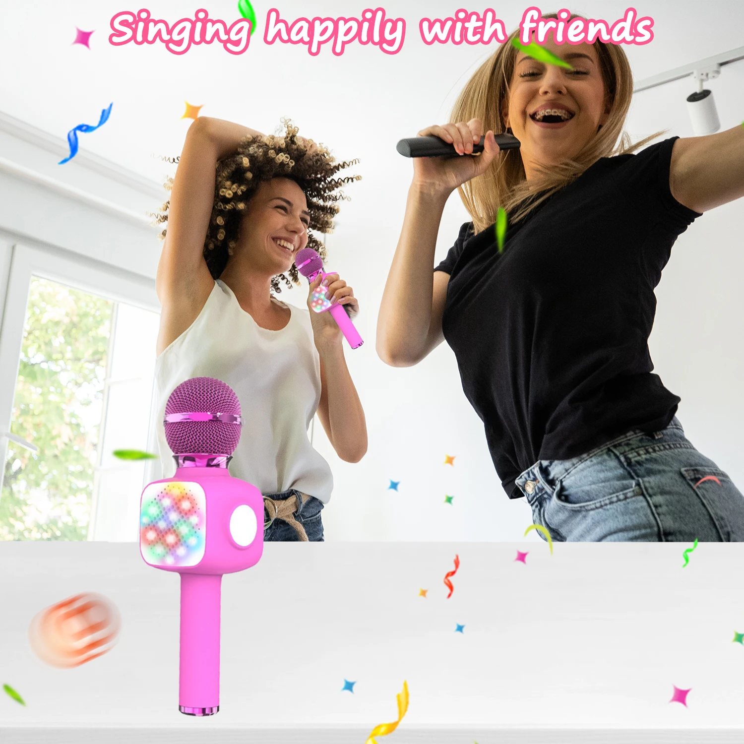 Bluetooth Wireless Karaoke Microphone with LED Lights,4-in-1 Portable Handheld Mic for Singing Home Party Birthday Gift for Kids