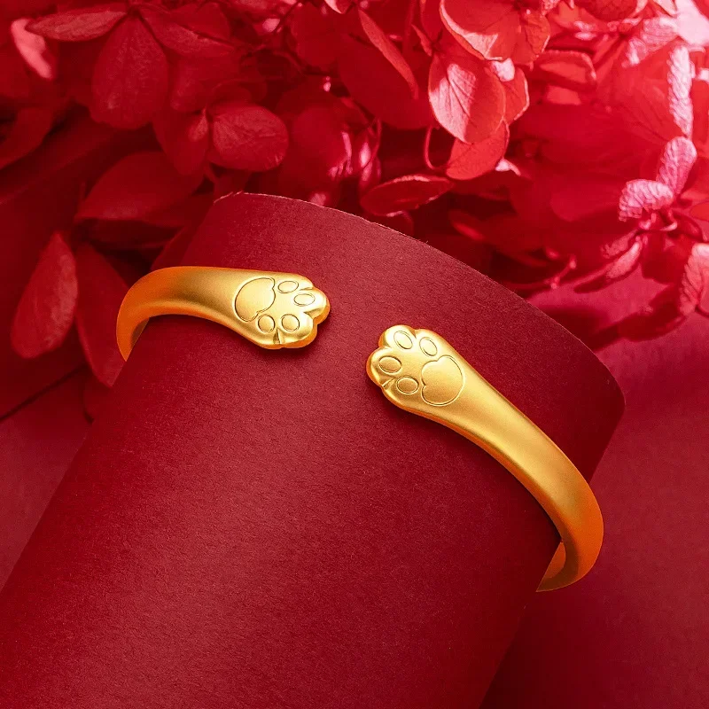 9999 Real Gold 24K Lucky Cat Claw Bracelet, Cute Lucky Nafu Soft Cute Cat Claw Opening Bracelet