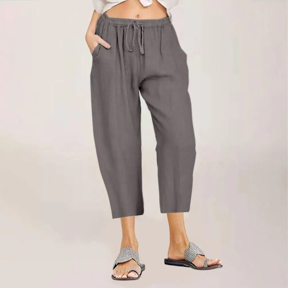 Women Solid Color Cropped Pants Women Cropped Trousers Stylish Women's Summer Cropped Pants with Elastic High Waist for Casual