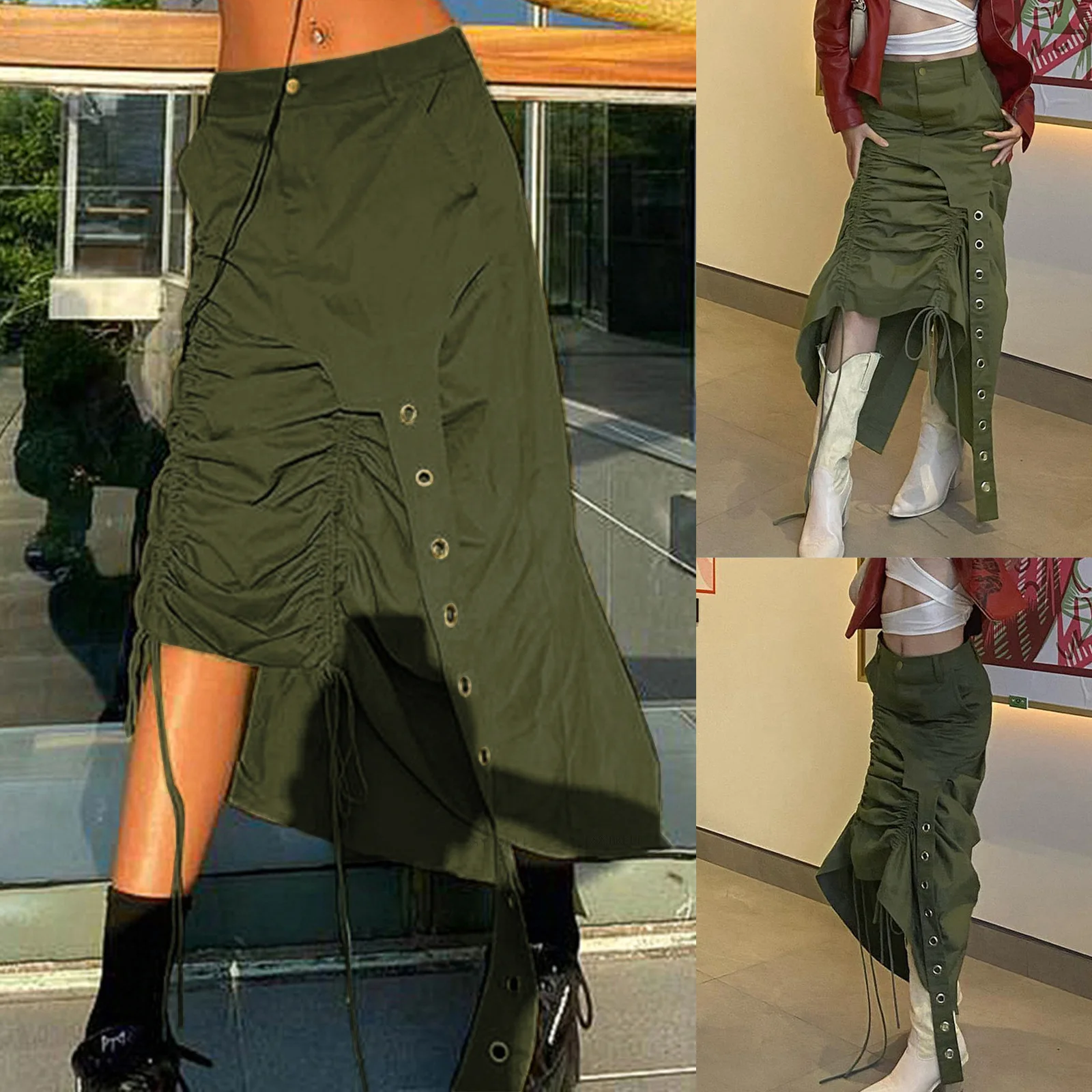 SKMY Spring Summer Asymmetric Skirt Casual Loose Solid Color High Waist Drawstring Ruched Y2k Skirts Woman Clothes Streetwear