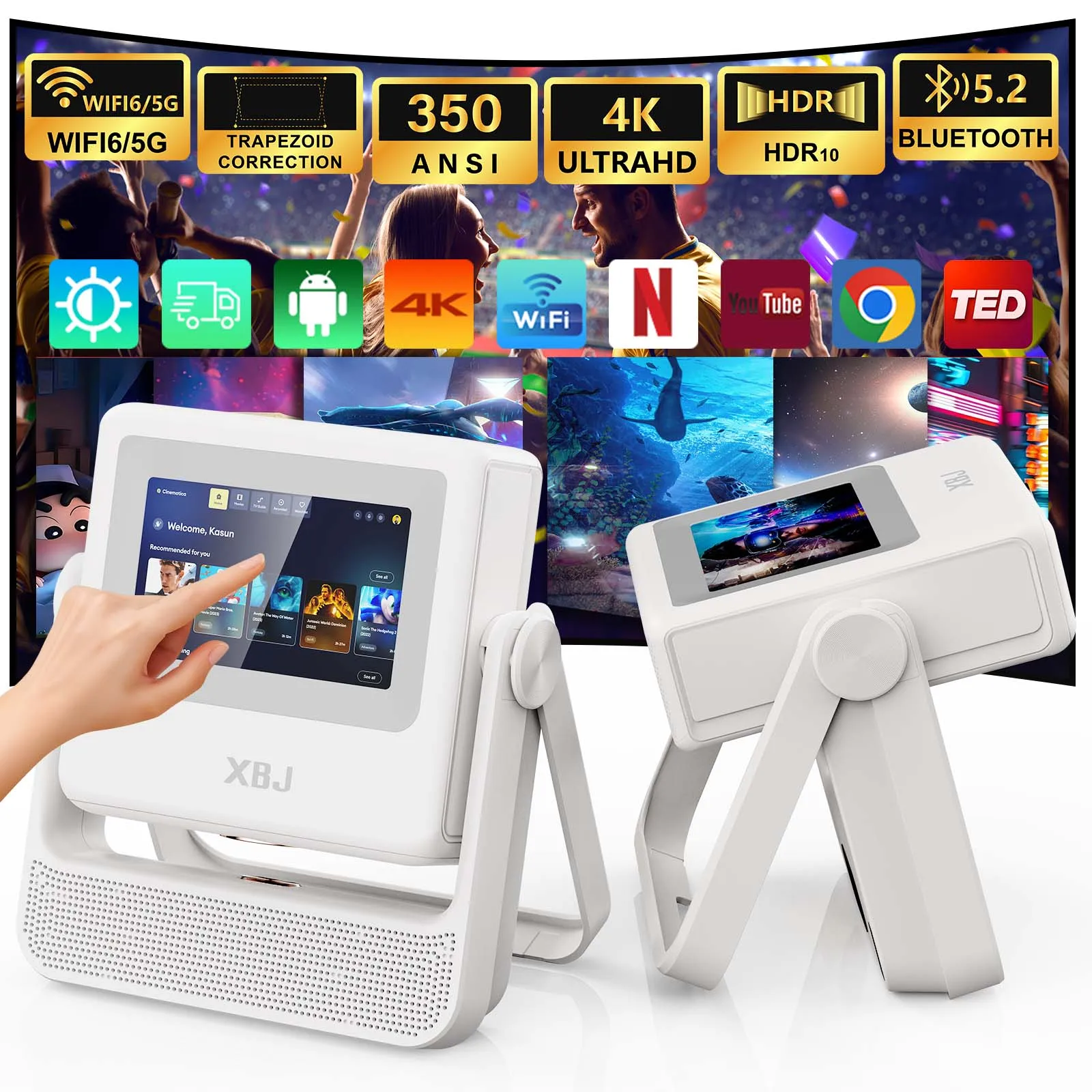 4K Touchscreen-Projektor mit WLAN und Bluetooth, Autofokus Smart Tragbarer Spiele-Projektor, Mini Outdoor-Filmprojektor Kompatibel mit Handy/TV/PC für Schlafzimmer und Heimkino