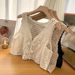 Women Knitted Crochet Crop Tank Tops Vintage Hollow Out Vest Sleeveless Fabric Beach Casual Tops Chic Short Scarves Women