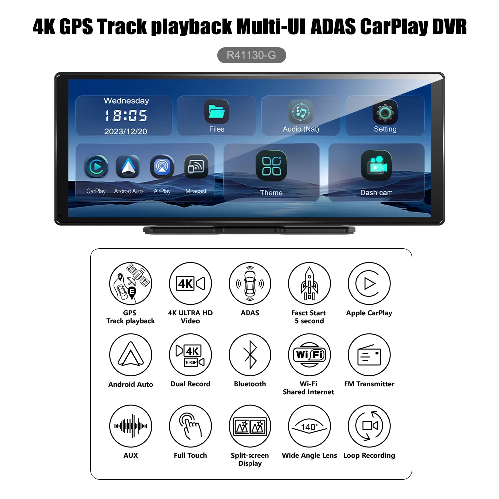 11.30 "لاسلكي Carplay 4K GPS Track Playback Multi-UI ADAS CarPlay GPS Navigation Dual Record DVR