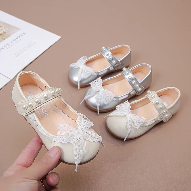 Girls Bow Princess Dress Shoes Sweet Lace Decor Children Leather Shoes School Perform  Lightweight Kids Wedding Party Flat Shoes