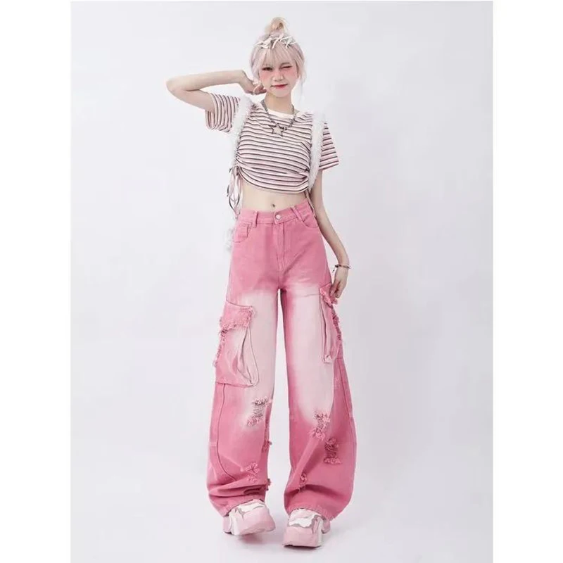 WCFCX STUDIO Autumn Pink Vintage Hight Waist Jeans Women High Street Cuffs Chic Denim Pants Female Korean Wide Leg Casual Jeans