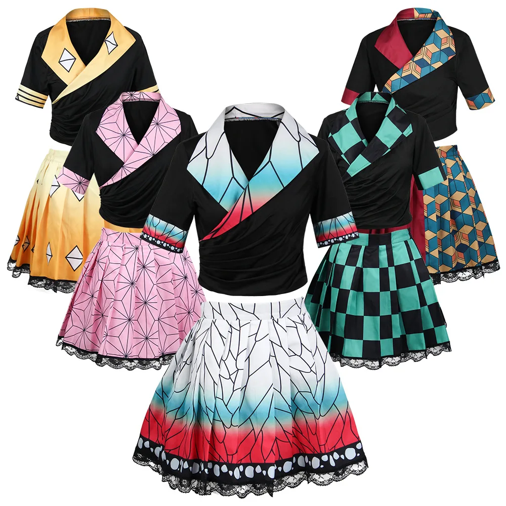 

Anime Shinobu Kocho Cosplay Costume Tanjirou Skirt Top Dress Kamado Kimono Uniform Outfits Hallowen Carnival Party Suit Roleplay