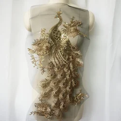 Gold Sequin Embroidered Peacock Birds Applique Lace Fabric Trimming Sewing Patch Wedding Gown Dress DIY Crafts