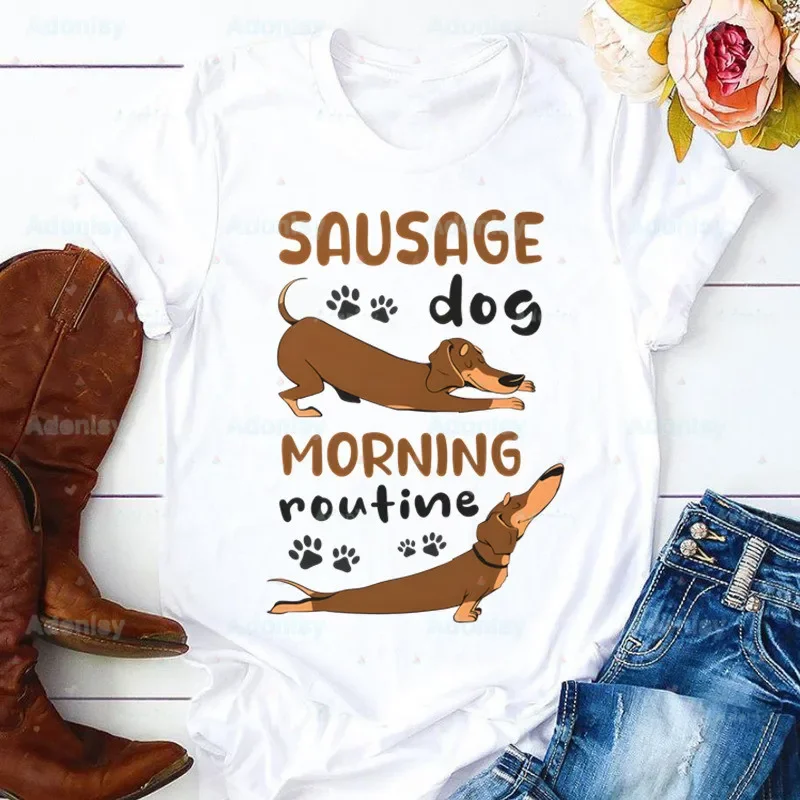 Camiseta feminina engraçada e fofa, Dachshund, Animal Print, T gráfico, Top para senhoras, fêmea