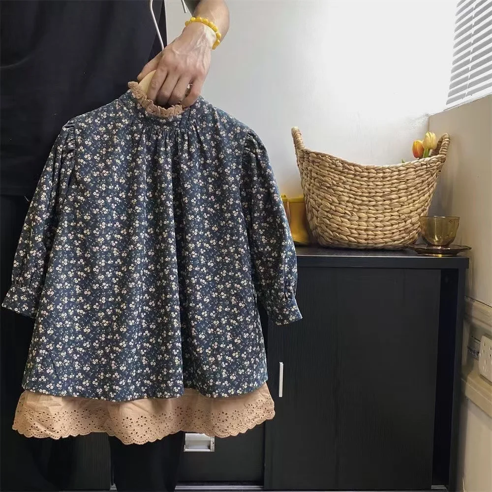 

2025 Autumn New Girls Floral Dress Comfortable Breathable Korean Mori Children's Princess Skirt Bubble Sleeve Skirt