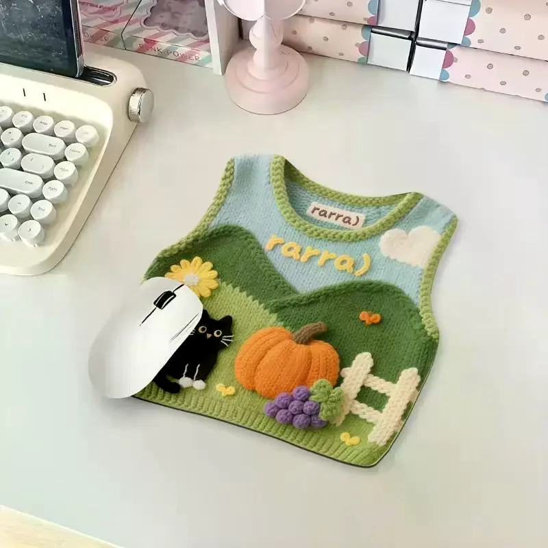 Knitted Mouse Pad With Cute 3D Cat Pumpkin Pattern Non Slip Base For Home Office Desk Aesthetic Decor