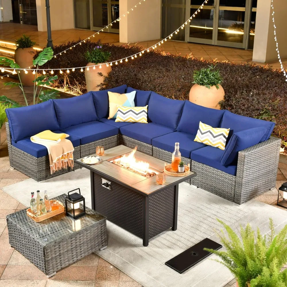 Outdoor 8 Piece Patio Furniture Set with Fire Pit Table,Conversation Sectional Wicker Couch with Coffee Table