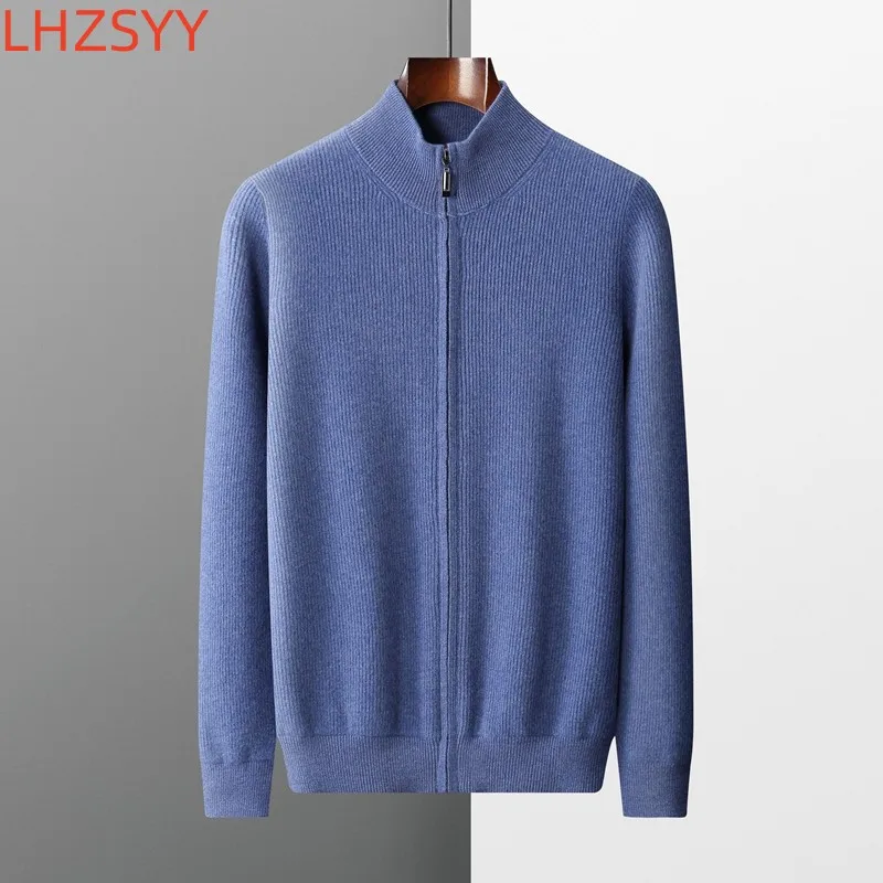 LHZSYY Men\'s Cashmere Knit Cardigan Middle-Aged Stand-up Collar Zip-up Coat 100%Pure Wool Autumn Winter Thick Sweater Men Jacket