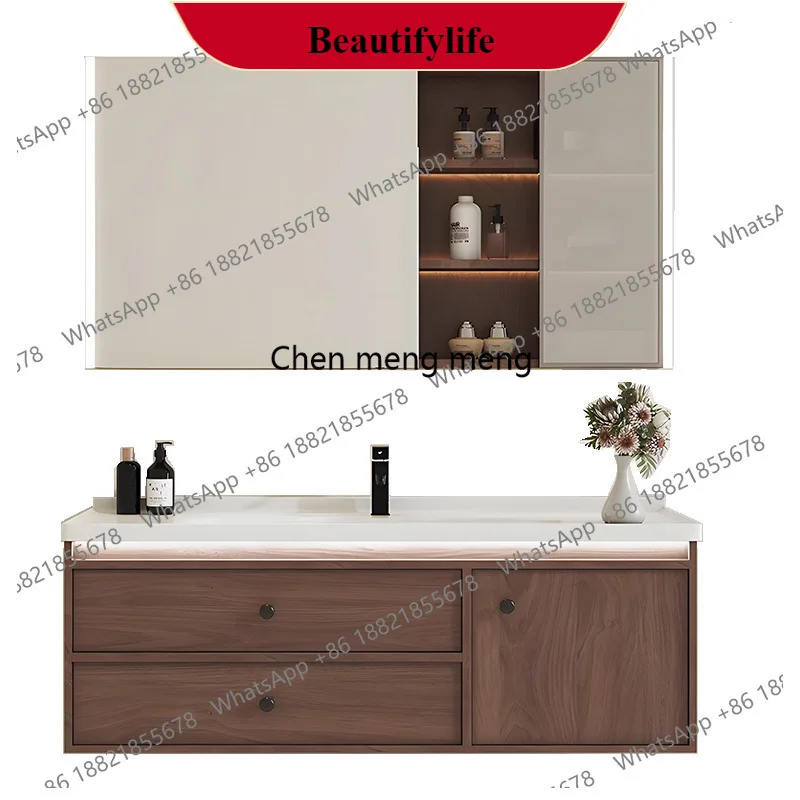 zG185New Chinese walnut color bathroom cabinet combination hand wash face  basin integrated bathroom washtable solid wood cabine