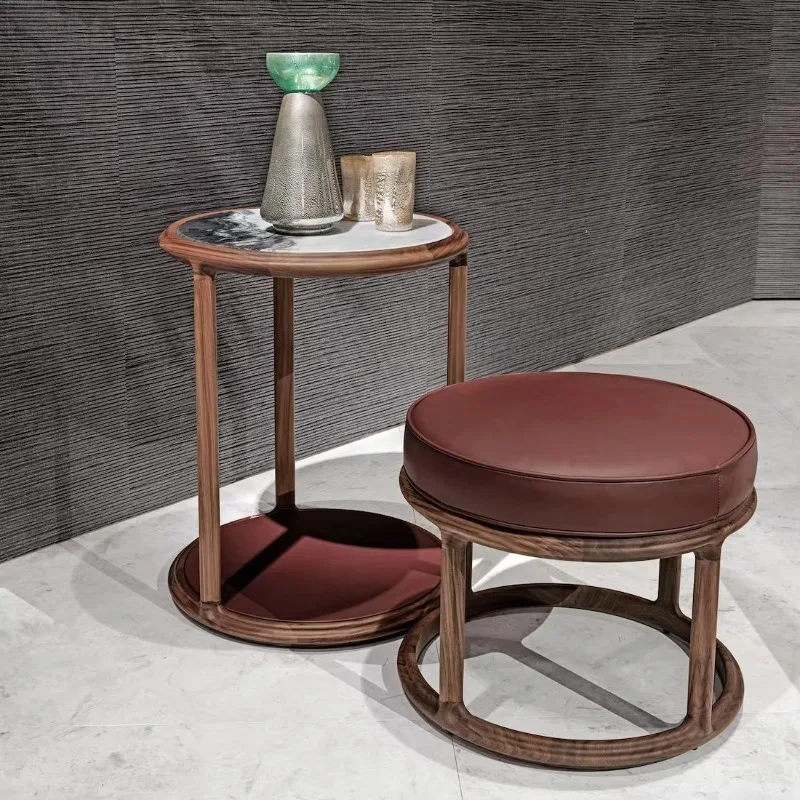 Round nested coffee table marble leather solid wood base living room villa apartment studio furniture decoration with stool