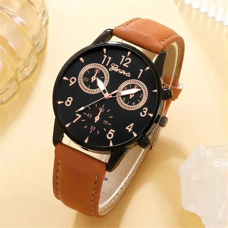 4PCS Set Fashion Mens Business Watches For Men Brown Leather Hand Rope Luxury Man Sport Casual Quartz Wrist Watch Reloj Hombre