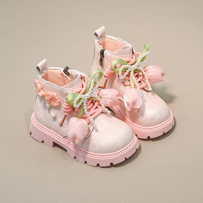 

Повседневные подиумные ботинки для девочек, весенне-осенние детские ботильоны с милым цветком, модные детские кожаные ботинки принцессы в национальном стиле