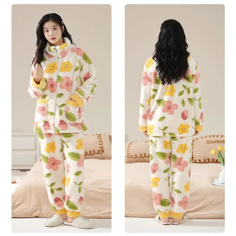 Flannel Pyjamas Korean Version for Women Plus Fleece Thickened Plush Autumn / Winter Girl Warm Internet Celebrity Home Wear Set