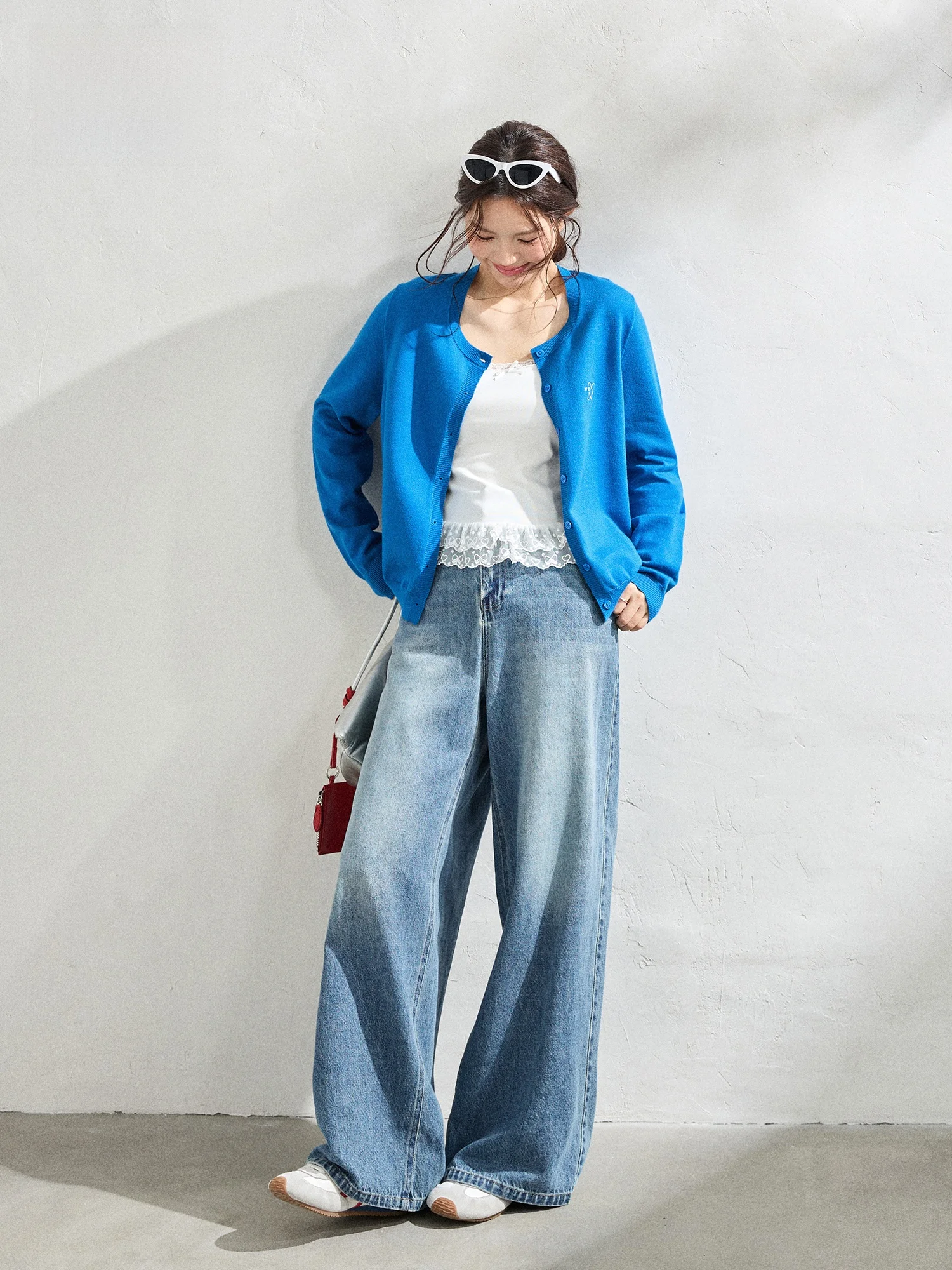 

Комплект: джинсы-кардиган с широкими штанинами и кардиган из синего денима в корейском стиле для полных женщин, модный, для повседневной носки, с высокой талией, длинный рукав