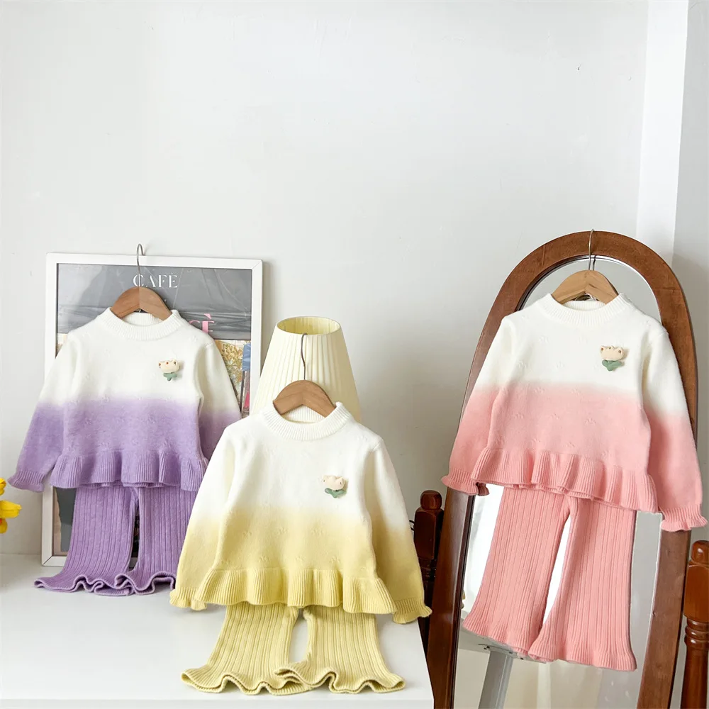 

New Autumn Winter Baby Girls Sweater + Knitted Bell-bottom Trousers Set Kids Gradual Change Color Pullovers Children's Clothing