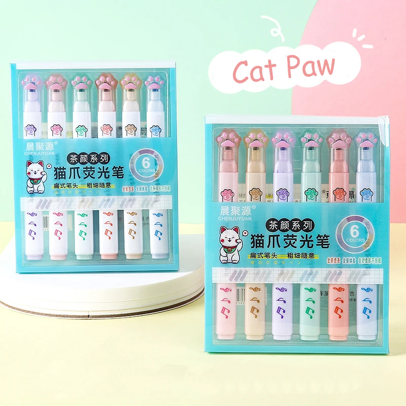 6PCS Highlighter Set Cat Paw Highlighter Pen Markers Art Supplies Kawaii Stationery School Supplies for Students