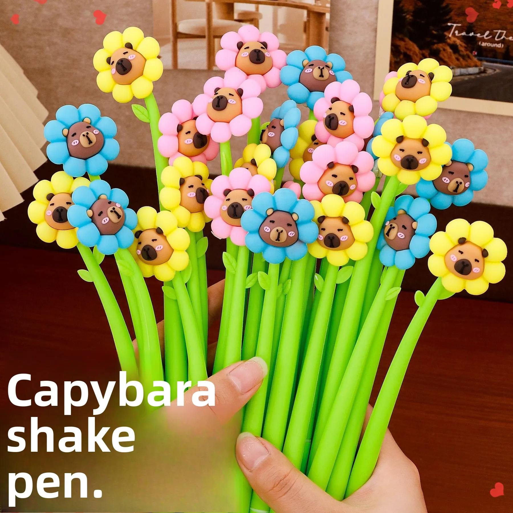 

12 Pcs Capybara Flower 0.5mm Gel Pen Student Cute Soft Shake Music Signature Flower Pen Writing Supplies